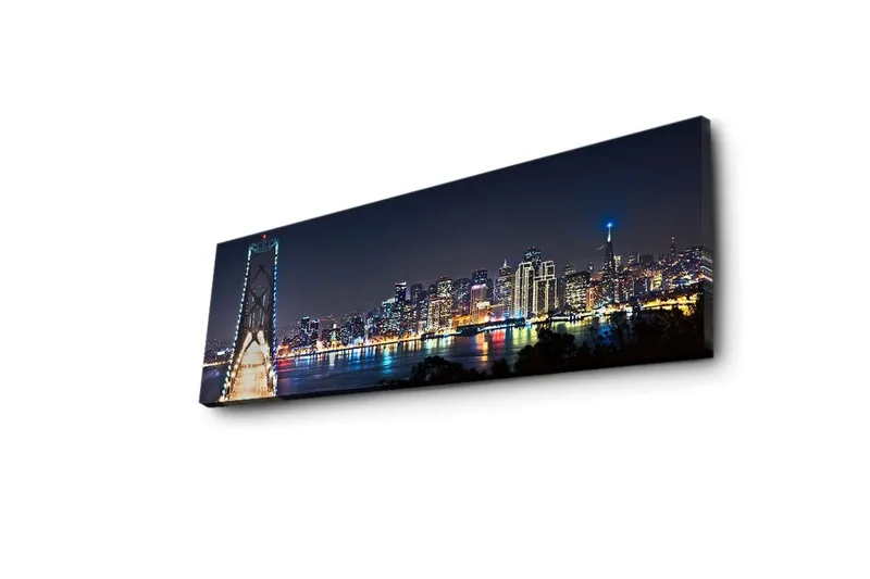 Lerretsbilde med LED-belysning 30x90 cm - Nattlig bybilde med bro og silhuetter av skyskrapere - Mørk blå / Lys grønn / Hvit - Interiør - Maleri & posters - Lerretsbilder