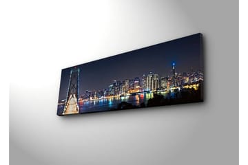 Lerretsbilde med LED-belysning 30x90 cm - Nattlig bybilde med bro og silhuetter av skyskrapere - Mørk blå / Lys grønn / Hvit - Interiør - Maleri & posters - Lerretsbilder