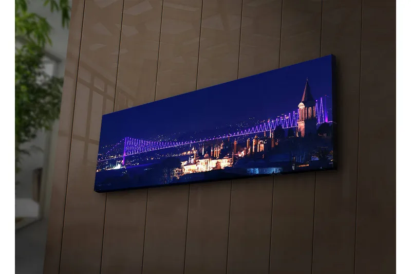 Lerretsbilde med LED-belysning 30x90 cm - Nattlig bybilde med en opplyst bro og historiske bygninger - Mørk blå / Lilla / Hvit - Interiør - Maleri & posters - Lerretsbilder