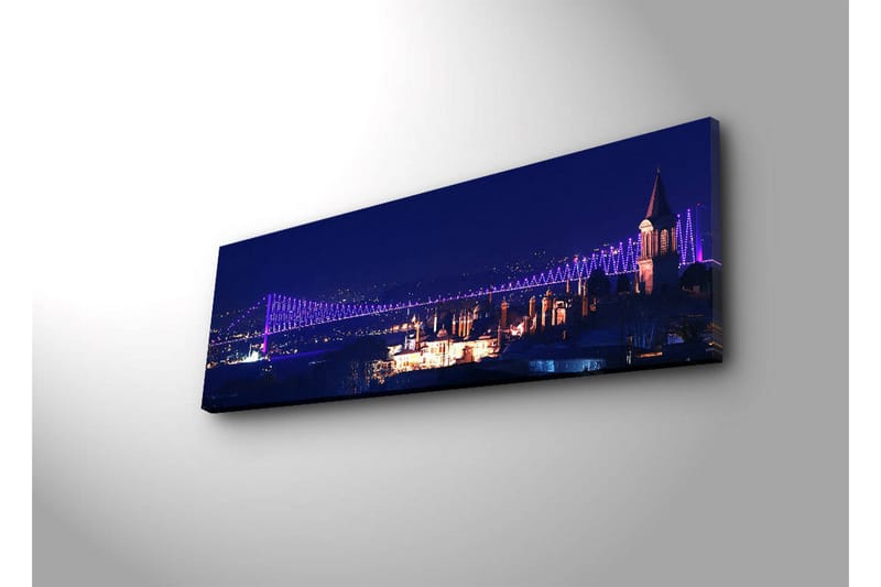 Lerretsbilde med LED-belysning 30x90 cm - Nattlig bybilde med en opplyst bro og historiske bygninger - Mørk blå / Lilla / Hvit - Interiør - Maleri & posters - Lerretsbilder