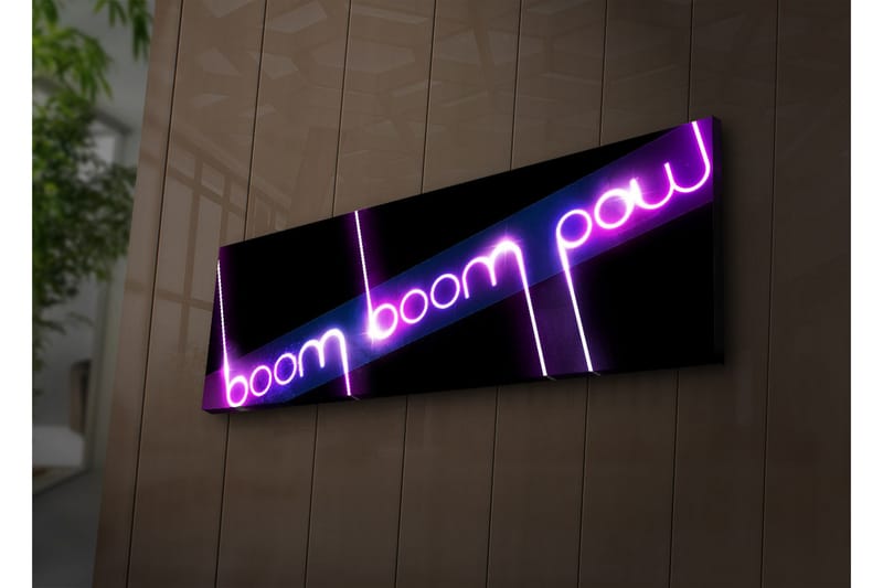 Lerretsbilde med LED-belysning 30x90 cm - Neonlys med teksten boom boom pow, Lilla / Rosa / Svart
