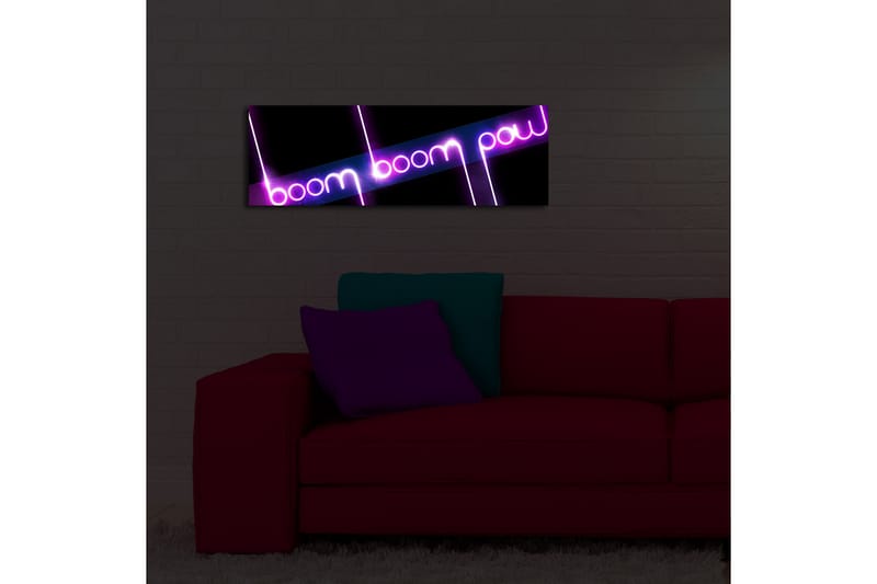 Lerretsbilde med LED-belysning 30x90 cm - Neonlys med teksten boom boom pow - Lilla / Rosa / Svart - Interiør - Maleri & posters - Lerretsbilder
