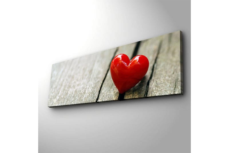 Lerretsbilde med LED-belysning 30x90 cm - Rød hjerteformet dekorasjon på en treflate - Rød / Brun - Interiør - Maleri & posters - Lerretsbilder