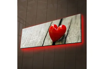 Lerretsbilde med LED-belysning 30x90 cm - Rød hjerteformet dekorasjon på en treflate - Rød / Brun - Interiør - Maleri & posters - Lerretsbilder