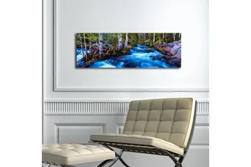 Lerretsbilde med LED-belysning 30x90 cm - Rennende vann i et naturskjønt miljø med trær rundt - Blå / Grønn / Brun - Interiør - Maleri & posters - Lerretsbilder