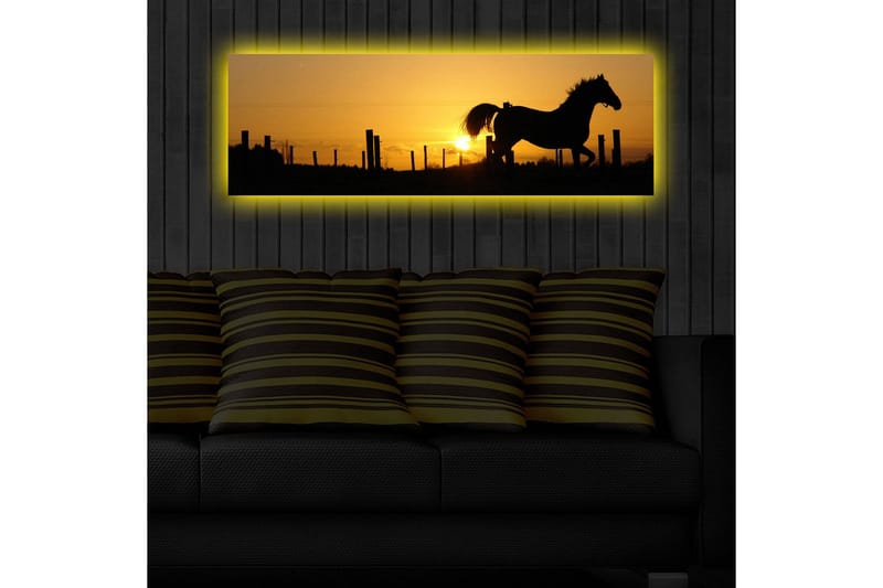 Lerretsbilde med LED-belysning 30x90 cm - Silhuett av en hest som galopperer ved solnedgang - Mørk brun / Oransje / Gul - Interiør - Maleri & posters - Lerretsbilder