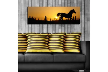 Lerretsbilde med LED-belysning 30x90 cm - Silhuett av en hest som galopperer ved solnedgang - Mørk brun / Oransje / Gul - Interiør - Maleri & posters - Lerretsbilder