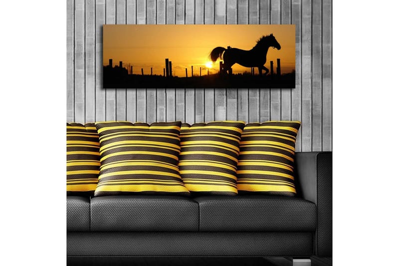 Lerretsbilde med LED-belysning 30x90 cm - Silhuett av en hest som galopperer ved solnedgang - Mørk brun / Oransje / Gul - Interiør - Maleri & posters - Lerretsbilder