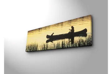 Lerretsbilde med LED-belysning 30x90 cm - Silhuett av en kano med en person og en hund i solnedgangens lys - Gull / Svart - Interiør - Maleri & posters - Lerretsbilder