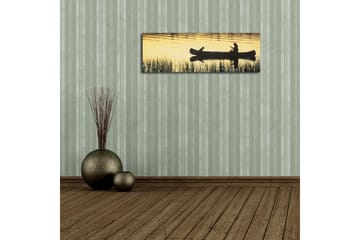 Lerretsbilde med LED-belysning 30x90 cm - Silhuett av en kano med en person og en hund i solnedgangens lys - Gull / Svart - Interiør - Maleri & posters - Lerretsbilder