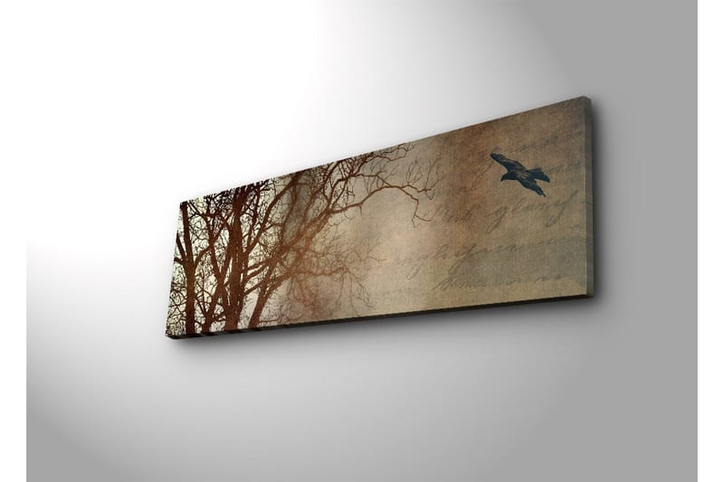 Lerretsbilde med LED-belysning 30x90 cm - Silhuett av et tre med en fugl i flukt mot en mykt tonet bakgrunn - Mørk brun / Beige / Svart - Interiør - Maleri & posters - Lerretsbilder