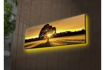 Lerretsbilde med LED-belysning 30x90 cm - Silhuett av et tre mot en gyllen solnedgang - Gull / Svart / Grønn - Interiør - Maleri & posters - Lerretsbilder