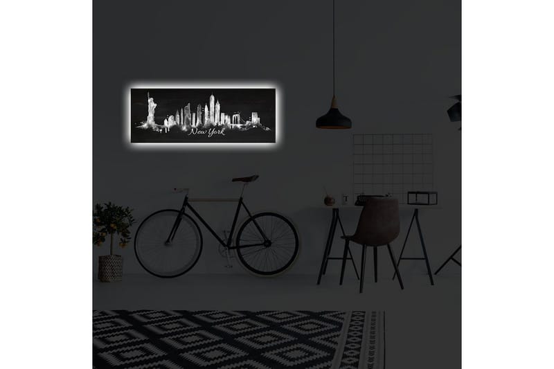 Lerretsbilde med LED-belysning 30x90 cm - Silhuett av New Yorks skyline med ikoniske bygninger - Svart / Hvit - Interiør - Maleri & posters - Lerretsbilder