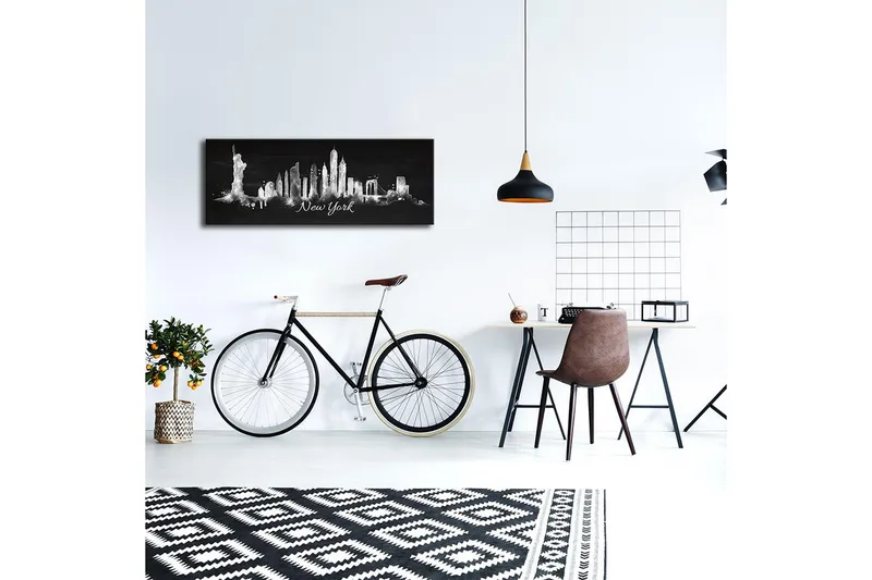 Lerretsbilde med LED-belysning 30x90 cm - Silhuett av New Yorks skyline med ikoniske bygninger - Svart / Hvit - Interiør - Maleri & posters - Lerretsbilder
