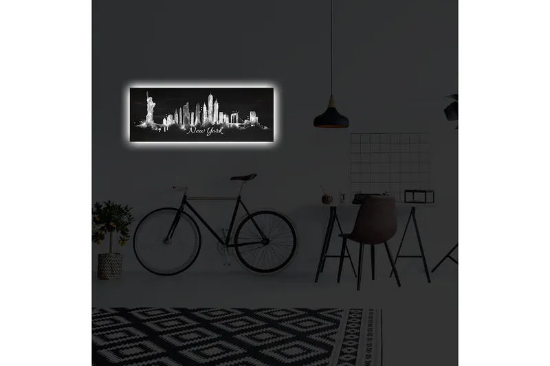 Lerretsbilde med LED-belysning 30x90 cm - Silhuett av New Yorks skyline med ikoniske bygninger - Svart / Hvit - Interiør - Maleri & posters - Lerretsbilder