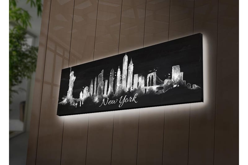 Lerretsbilde med LED-belysning 30x90 cm - Silhuett av New Yorks skyline med ikoniske bygninger - Svart / Hvit - Interiør - Maleri & posters - Lerretsbilder