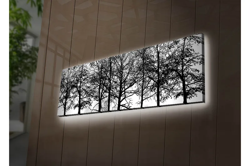 Lerretsbilde med LED-belysning 30x90 cm - Silhuett av tre i svart-hvitt, Svart / Hvit