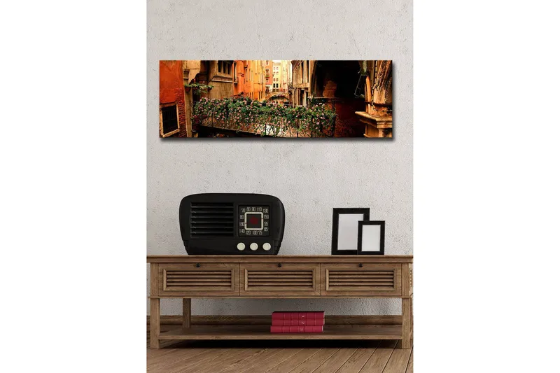 Lerretsbilde med LED-belysning 30x90 cm - Sjarmerende balkong med blomster i en venetiansk bakgate - Terrakotta / Grønn / Rosa - Interiør - Maleri & posters - Lerretsbilder