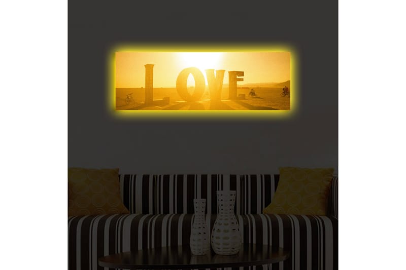 Lerretsbilde med LED-belysning 30x90 cm - Skinnende kunstverk med ordet LOVE i gulltoner - Gull / Gul - Interiør - Maleri & posters - Lerretsbilder