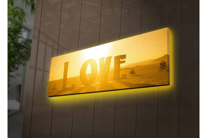 Lerretsbilde med LED-belysning 30x90 cm - Skinnende kunstverk med ordet LOVE i gulltoner, Gull / Gul