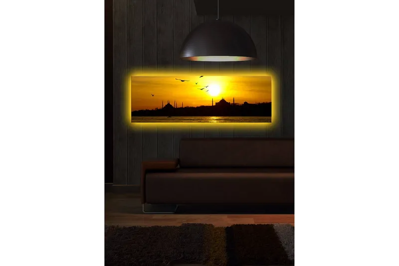 Lerretsbilde med LED-belysning 30x90 cm - Solnedgang over en bysilhuett med fugler i flukt - Gull / Svart / Oransje - Interiør - Maleri & posters - Lerretsbilder