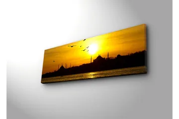 Lerretsbilde med LED-belysning 30x90 cm - Solnedgang over en bysilhuett med fugler i flukt - Gull / Svart / Oransje - Interiør - Maleri & posters - Lerretsbilder