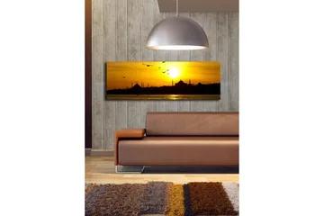 Lerretsbilde med LED-belysning 30x90 cm - Solnedgang over en bysilhuett med fugler i flukt - Gull / Svart / Oransje - Interiør - Maleri & posters - Lerretsbilder