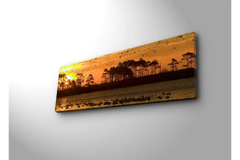 Lerretsbilde med LED-belysning 30x90 cm - Solnedgang over en innsjø med silhuetter av trær og fugler i flukt - Oransje / Svart / Gul - Interiør - Maleri & posters - Lerretsbilder
