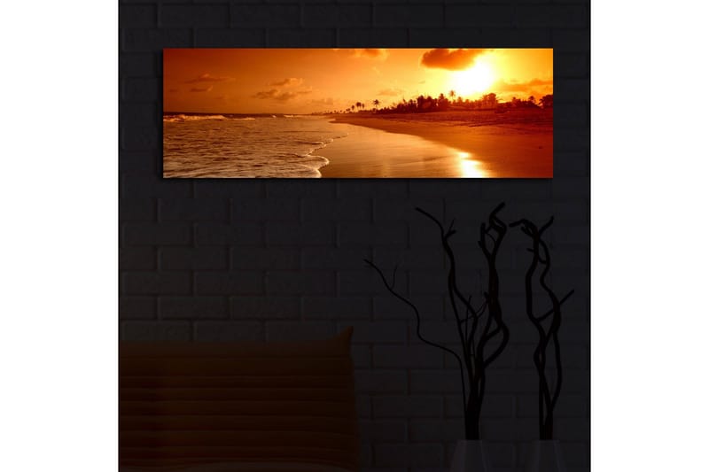Lerretsbilde med LED-belysning 30x90 cm - Solnedgang over en strand med palmer i silhuett - Oransje / Gull / Brun - Interiør - Maleri & posters - Lerretsbilder