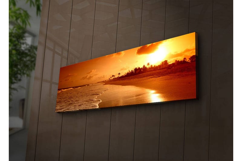 Lerretsbilde med LED-belysning 30x90 cm - Solnedgang over en strand med palmer i silhuett, Oransje / Gull / Brun