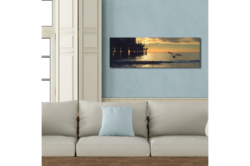 Lerretsbilde med LED-belysning 30x90 cm - Solnedgang over havet med en fugl i flukt - Oransje / Blå / Grå - Interiør - Maleri & posters - Lerretsbilder