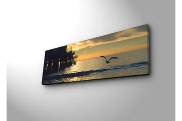 Lerretsbilde med LED-belysning 30x90 cm - Solnedgang over havet med en fugl i flukt - Oransje / Blå / Grå - Interiør - Maleri & posters - Lerretsbilder