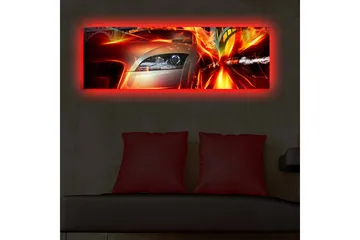 Lerretsbilde med LED-belysning 30x90 cm - Sportsbil i bevegelse med dynamiske lyseffekter - Rød / Oransje / Svart - Interiør - Maleri & posters - Lerretsbilder