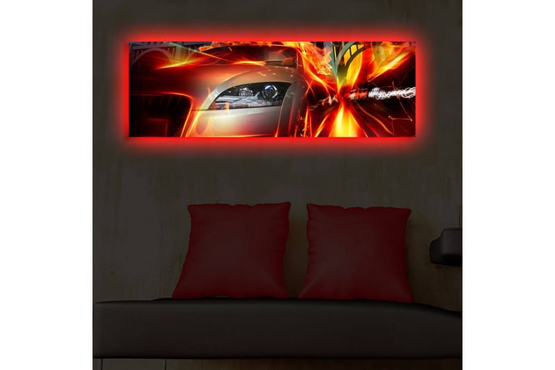 Lerretsbilde med LED-belysning 30x90 cm - Sportsbil i bevegelse med dynamiske lyseffekter - Rød / Oransje / Svart - Interiør - Maleri & posters - Lerretsbilder