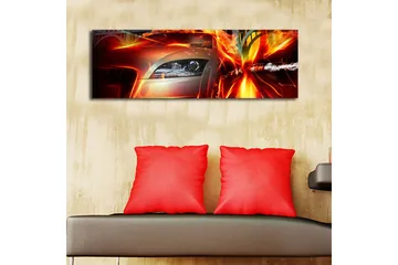 Lerretsbilde med LED-belysning 30x90 cm - Sportsbil i bevegelse med dynamiske lyseffekter - Rød / Oransje / Svart - Interiør - Maleri & posters - Lerretsbilder