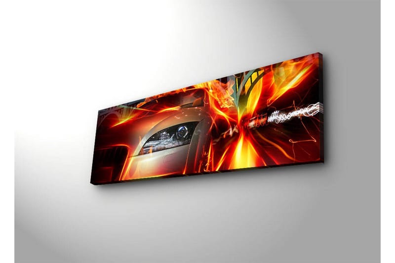 Lerretsbilde med LED-belysning 30x90 cm - Sportsbil i bevegelse med dynamiske lyseffekter - Rød / Oransje / Svart - Interiør - Maleri & posters - Lerretsbilder