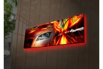 Lerretsbilde med LED-belysning 30x90 cm - Sportsbil i bevegelse med dynamiske lyseffekter - Rød / Oransje / Svart - Interiør - Maleri & posters - Lerretsbilder