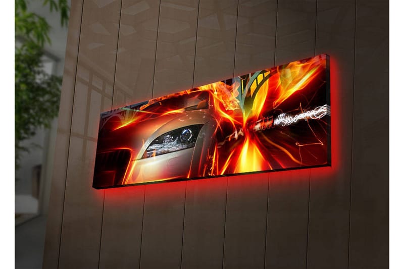 Lerretsbilde med LED-belysning 30x90 cm - Sportsbil i bevegelse med dynamiske lyseffekter, Rød / Oransje / Svart
