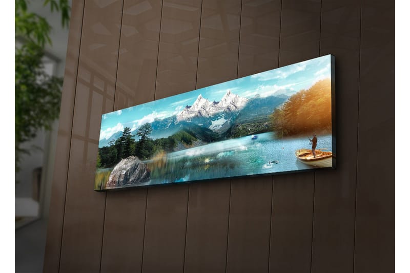 Lerretsbilde med LED-belysning 30x90 cm - Storslått fjellandskap med en fisker i en båt på en speilblank innsjø - Blå / Grønn / Hvit - Interiør - Maleri & posters - Lerretsbilder