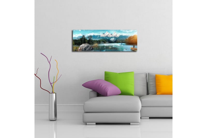 Lerretsbilde med LED-belysning 30x90 cm - Storslått fjellandskap med en fisker i en båt på en speilblank innsjø - Blå / Grønn / Hvit - Interiør - Maleri & posters - Lerretsbilder
