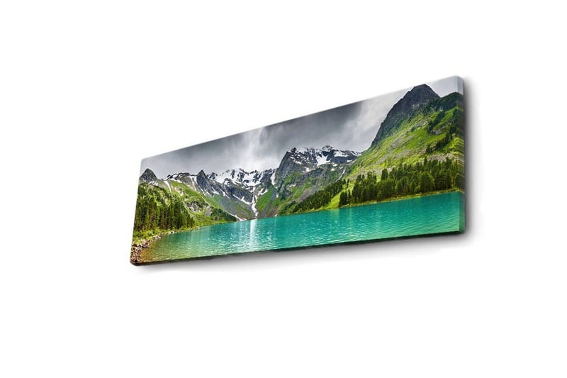 Lerretsbilde med LED-belysning 30x90 cm - Storslått fjellandskap med en glitrende innsjø - Turkis / Grønn / Grå - Interiør - Maleri & posters - Lerretsbilder