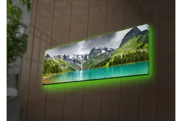 Lerretsbilde med LED-belysning 30x90 cm - Storslått fjellandskap med en glitrende innsjø - Turkis / Grønn / Grå - Interiør - Maleri & posters - Lerretsbilder