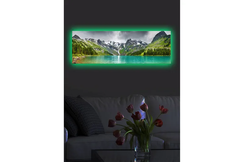Lerretsbilde med LED-belysning 30x90 cm - Storslått fjellandskap med en glitrende innsjø - Turkis / Grønn / Grå - Interiør - Maleri & posters - Lerretsbilder