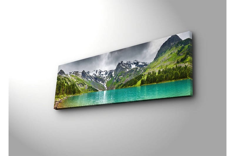 Lerretsbilde med LED-belysning 30x90 cm - Storslått fjellandskap med en glitrende innsjø - Turkis / Grønn / Grå - Interiør - Maleri & posters - Lerretsbilder