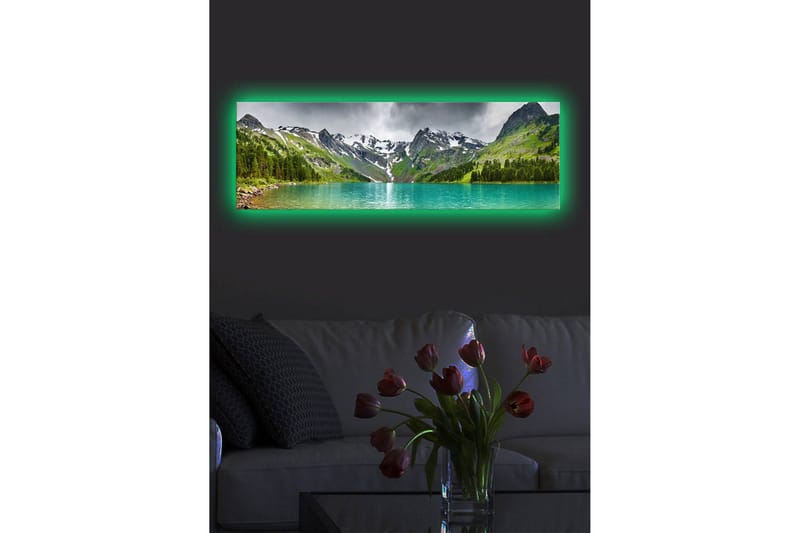 Lerretsbilde med LED-belysning 30x90 cm - Storslått fjellandskap med en glitrende innsjø - Turkis / Grønn / Grå - Interiør - Maleri & posters - Lerretsbilder