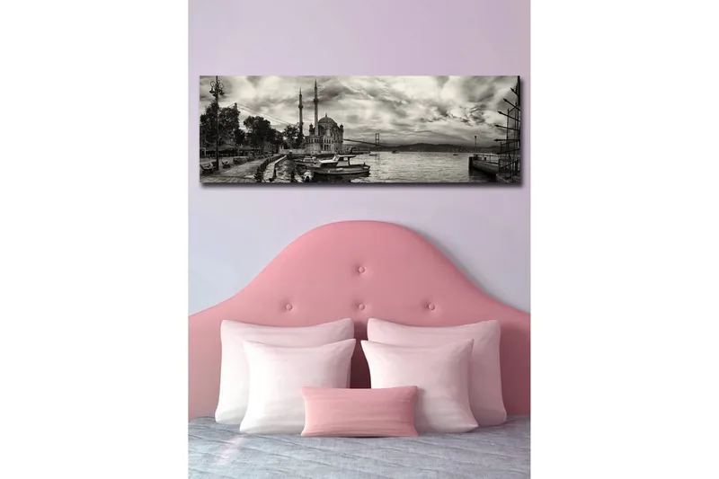 Lerretsbilde med LED-belysning 30x90 cm - Svart-hvitt panoramautsikt over en havn med en moské og båter - Svart / Hvit / Grå - Interiør - Maleri & posters - Lerretsbilder