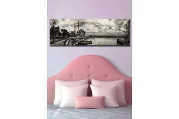 Lerretsbilde med LED-belysning 30x90 cm - Svart-hvitt panoramautsikt over en havn med en moské og båter - Svart / Hvit / Grå - Interiør - Maleri & posters - Lerretsbilder