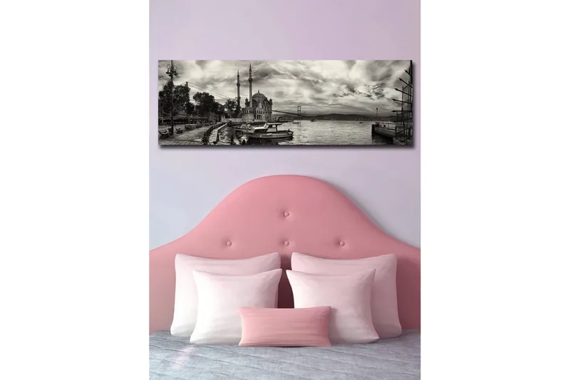 Lerretsbilde med LED-belysning 30x90 cm - Svart-hvitt panoramautsikt over en havn med en moské og båter - Svart / Hvit / Grå - Interiør - Maleri & posters - Lerretsbilder