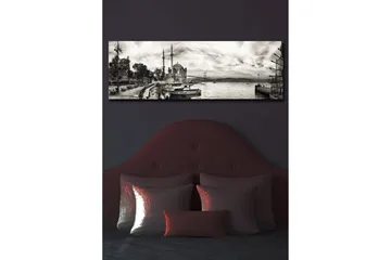 Lerretsbilde med LED-belysning 30x90 cm - Svart-hvitt panoramautsikt over en havn med en moské og båter - Svart / Hvit / Grå - Interiør - Maleri & posters - Lerretsbilder