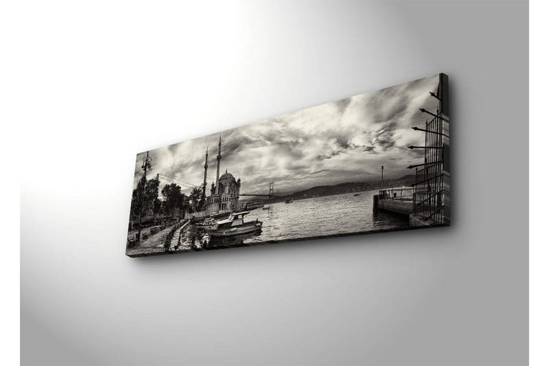 Lerretsbilde med LED-belysning 30x90 cm - Svart-hvitt panoramautsikt over en havn med en moské og båter - Svart / Hvit / Grå - Interiør - Maleri & posters - Lerretsbilder